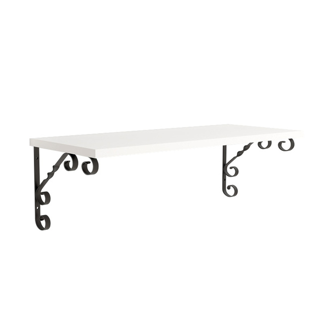Decorative Wall Mounted Floating Shelf with Ornate Metal Brackets White Wooden Shelving Unit for Home Storage & Display