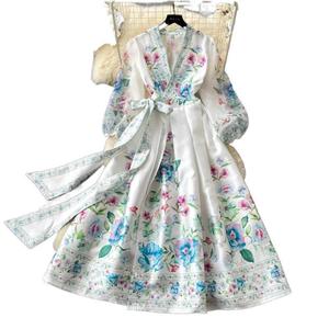 Abito Lungo Elegante Yuhong Stile Vintage con Scollo a V, Maniche a Lanterna, Stampa Digitale, Vita Alta e Lacci, Effetto Snellente - Product Image 5