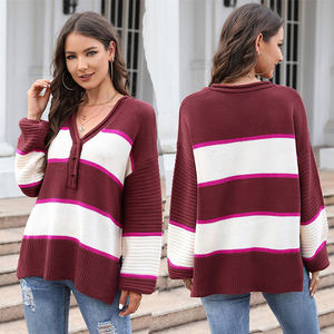 Tricoté Goutte Épaule Top Côté Fente <span class=keywords><strong>Pull</strong></span> En Tricot Bloc De Couleur Boutonné Col En V Côtelé Rayé <span class=keywords><strong>Pull</strong></span> Femmes - Product Image 3