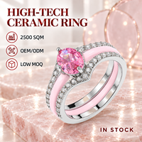 Bague en céramique rose avec double tige en acier inoxydable, centre en zircon rose, pavé de zircons transparents, vente en gros pour mariages OEM ODM