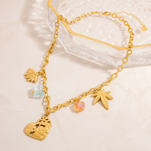 Collier pendentif abeille en acier inoxydable, chaîne de clavicule en pierre naturelle colorée, bijoux de mode - Product Image 3