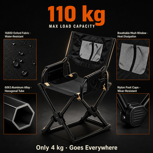 Chaise pliante d'extérieur en aluminium léger, style directeur, design moderne et minimaliste, noire avec poche arrière en maille - Product Image 4
