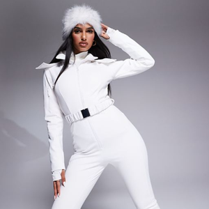 Ensemble de combinaison de <span class=keywords><strong>ski</strong></span> d'hiver pour femme, coupe ajustée, design ceinturé, style jambe évasée, capuche garnie de fausse fourrure, blanc - Product Image 1
