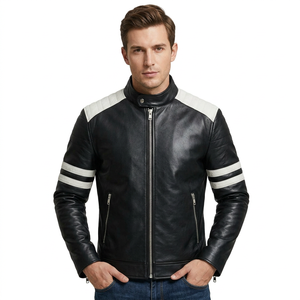Chaqueta de Motociclista con Diseño de Rayas Blancas, Chaqueta de Cuero para Motociclista, Chaqueta de Cuero Ajustada con Rayas Blancas - Product Image 1
