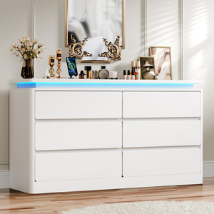 Cómoda Negra de 6 Cajones con Diseño de Perfil Curvo para Dormitorio, Cómoda de 47.2 Pulgadas de Largo con Estación de Carga y Luces LED - Product Image 2