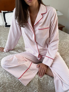 Pijama de algodón personalizado para mujer, pantalones de manga larga a rayas rosas y blancas con cintura elástica, talla XL-Pure % para VERANO Primavera - Product Image 2