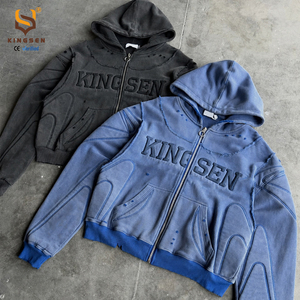 เสื้อฮู้ดดี้วินเทจแบบย้อมสีเอซิดสั่งทำพิเศษสำหรับผู้ชาย ปักลาย 3 มิติ ทรงหลวมแบบดรอปโชว์เดอร์ ฮู้ดดี้แบบครอปสั่งทำพิเศษ เนื้อผ้าหนา 500 กรัม ฮู้ดดี้แบบซิป - Product Image 3