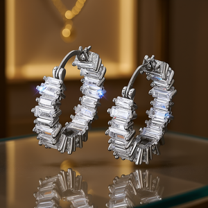 Pendientes de Aro Rectangulares E796 en Oro con Cristales de Circonita, Diseño de Canal, para Mujer, de Lujo, para Uso Diario - Product Image 2