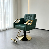 Chaise de coiffure en cuir PU vert foncé, mobilier de salon, accoudoirs creux dorés, chaise de barbier hydraulique pour salon de coiffure et de beauté