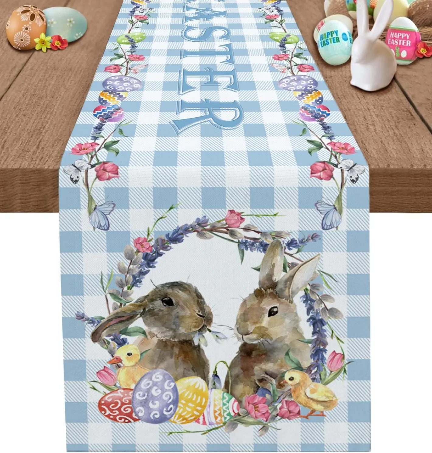Amazon sıcak satış çarşafları işlemeli Tablecover paskalya sevimli tavşan yumurta ekose pamuk masa koşucu yemek için