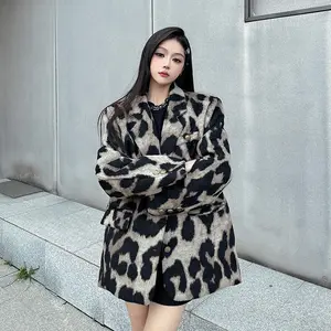 Cross-border European and American women's faux fur coat women's 2024 leopard print Amazon autumn and winter mid-length woolen