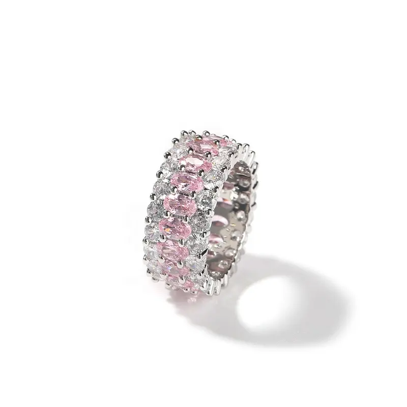 New Iced Out Pink Crystal Ring Wedding Jewelry 3 Rows Tennis Ring Oval CZ Diamond Hip Hop Men Women Couple Rings
