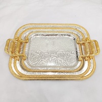 Plateau de Service Rond Doré de Luxe de 45 cm Fait à la Main Marocain, Plateaux à Thé et Café en Métal Argenté et Doré avec Poignées pour Vente en Gros