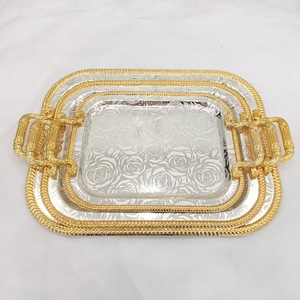 Wholesale Luxury 45cm Moroccan Handcrafted Golden <strong>Round</strong> <strong>Serving</strong> <strong>Tray</strong> Metal Silver and Gold Tea Coffee <strong>Trays</strong> With Handles - Product Image 1