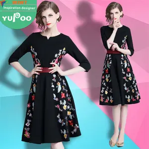 Spot on sale 2024 new ladies clog wholesale floral umbrella lady dresses Slim black nylon cotton embroidery hit color dresses