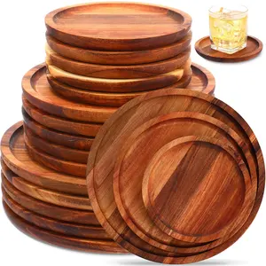 Luxury 6/8/10 inch wedding decorative dinner food serving dishes & plates round acacia wood charger plate wholesale wooden plate
