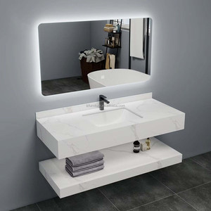 Meuble-lavabo mural moderne double couche en roche, avec vasques supérieure et inférieure pour salle de bain - Product Image 1