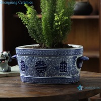 Pot Bunga Biru dan Putih RYPU76-01 dengan Telinga Oval dan Pola Bahagia Ganda