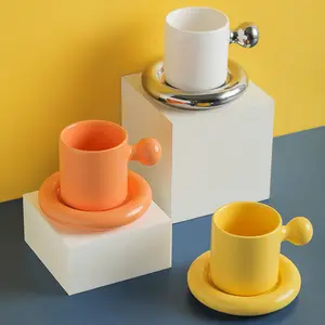 Best Selling Gift Round Ball Handle Ceramic Cup Coffee Cup Black Tea Green Tea Cup And Saucer Set For Drinking
