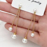 Anting-Anting Mutiara Imitasi Bulat Rantai Tipis Panjang, Membentuk Wajah Lebih Ramping, Elegan, Feminin, Cocok untuk Kantor, Serbaguna, Perhiasan Telinga Wanita