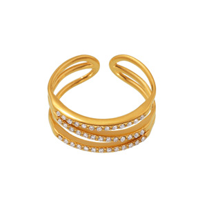 Cross Border Minimalist Design Micro Inlaid Lab Created Stones Three Layer Open Stainless Steel Gold Plated Fashion Unisex Ring - Product Image 1