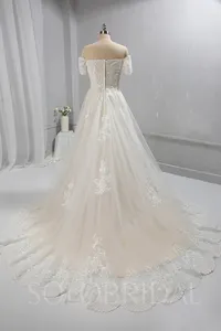 Ivory Off Shoulder Short Sleeve Net Lace Wedding Dress
