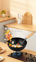 Wok en fer traditionnel fait à la main Poêle en acier au carbone antiadhésive avec couvercle en bois et poignée Poêle à wok à l'ancienne de style chinois