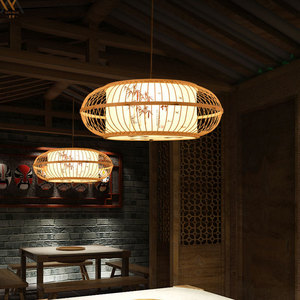 Lámpara de araña de bambú de estilo chino, redonda, con luz LED, para restaurante, hotel, casa de té, dormitorio, decoración zen, una sola cabeza, bombilla E27 - Product Image 5