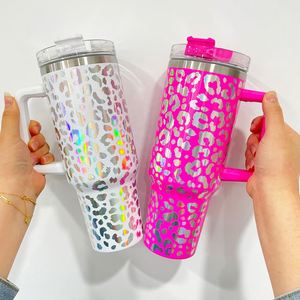 <b>40oz</b> Insulated Leopard <b>Tumbler</b> <b>With</b> Lid and Straws Vacuum Insulated Drinking <b>Tumblers</b> Iridescent <b>40oz</b> <b>Tumbler</b> <b>with</b> <b>Handle</b> - Product Image 3