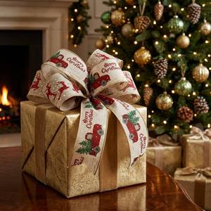 Toptan Noel Tel Kenarlı Kurdele 63mm 25 Yard, Hediye Paketleme Noel Ağacı Süslemesi için Baskılı Çuval Bezi Kurdele - Product Image 6