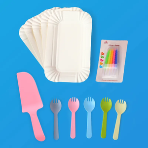 Offre Spéciale <span class=keywords><strong>jetable</strong></span> <span class=keywords><strong>anniversaire</strong></span> 5 assiettes 5 fourchettes ensemble de couteaux à gâteau avec bougie au choix multicolore fête fournitures vaisselle ensemble - Product Image 5