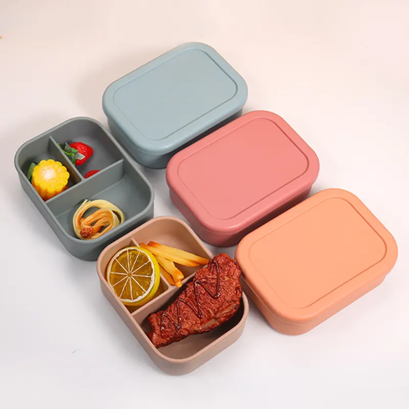 Contenants alimentaires pour enfants sans BPA Boîte à lunch Bento en silicone avec 3 compartiments Produits pour enfants chauds Conteneur de stockage en silicone étanche