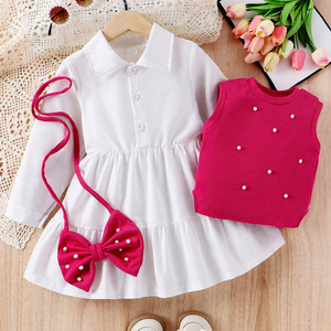 Vestido de algodão feminino outono com colete frisado lapela borboleta acessórios saco cross-border roupas infantis