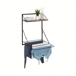 Laundry Cloth Coat Hanging Rack Drying Stand Rack Over-The-Door Compact Collapsible Drying Rack With Extra Black Walnut Shelf - Product Image 6