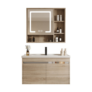 Meuble de salle de bain moderne en aluminium à grain de bois simple, avec lavabo intégré en céramique, combinaison vasque et lavabo pour le lavage du visage - Product Image 1