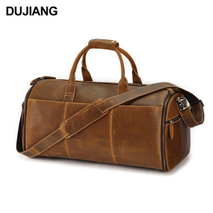 Bolsa de Viaje de Cuero Crazy Horse Dujiang, Gran Capacidad, Asa Desmontable, Cierre de Cremallera, Color Sólido - Product Image 5