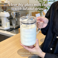 Tasse à boisson en verre borosilicate transparent, grande, faite à la main, écologique, avec couvercle, paille et poignée – Meilleure vente