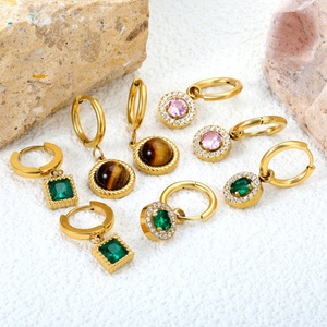 New Trend Non Tarnish 18k Gold Plated Stainless Steel Wholesale Geometry Round <b>Turquoise</b> Zircon Pendant <b>Earrings</b> for Women - Product Image 1