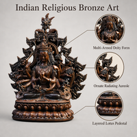 Statue de divinité bouddhiste multi-bras en bronze coulé sur mesure avec finition laiton, base lotus et motif animalier pour temples, hôtels et art public