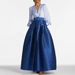 Sonbahar moda kadın zarif uzun kollu abiye V boyun renk blok A-Line saten lüks balo bayanlar Maxi elbise