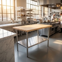 Table de préparation de cuisine commerciale à 2 niveaux OEM ODM Xiangying avec étagère supérieure en bois, cadre en acier inoxydable, table de travail robuste