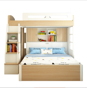 Lits superposés muraux en bois de pin massif écologiques modernes pour adolescents avec rangement, armoire et bureau double - Product Image 1