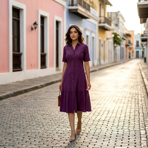 Robe chemise violette à manches courtes, mi-longue, à ourlet évasé, boutonnée sur le devant, décontractée pour le quotidien, en coton tissé et fibre de bambou respirante, style printemps - Product Image 1