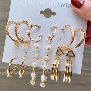 Metal Brincos Set Moda Geometric Pearl Circle Drop Earrings 2023 Tendência Conjunto de Brincos Jóias para Mulheres Hot Sale Gold Alloy