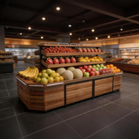 Houten & metalen groenterek met spiegel en demontabele constructie, voordelige supermarkt-displaystandaard voor groenten