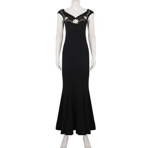 Elegante Vestido Largo de Noche Estilo Retro para Mujer, Negro con Bordado Floral, Corte Sirena, Malla con Parches, Cuello en V, Tejido de Punto - Product Image 6