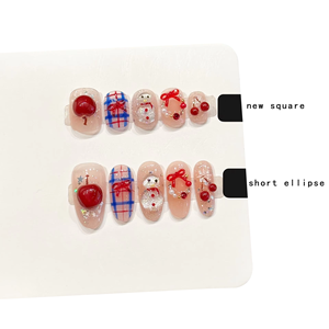 [Decoración de Nieve de Cereza] Uñas Postizas de Dibujos Animados con Diseño de Muñeco de Nieve de Cereza, Uñas Cortas, Lindas y <span class=keywords><strong>Divertidas</strong></span>, con Diseño de Cuadrícula y Lazo - Product Image 2
