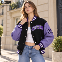 Blousons Bomber Varsity Femme Colorblock Broderie Appliquée Patchwork Coutures Décoratives Boutons Pression Poignets et Ourlets Côtelés Streetwear