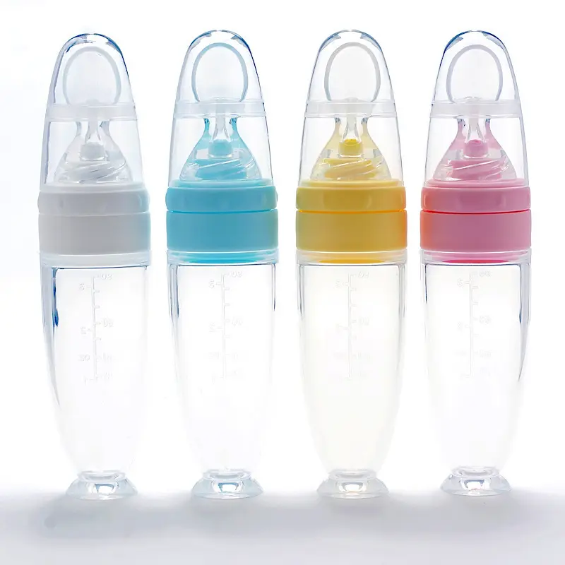 100% safety silicone bottle baby fruit food with spoon rice cereal squeeze milk feeding hands free baby bottle