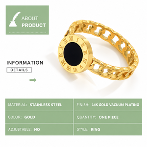 Stainless Steel 14K Gold Vacuum Plated Black Oval <b>Roman</b> <b>Numeral</b> Statement Jewelry Plain Band <b>Ring</b> Women's Blueprint Irregular - Product Image 2